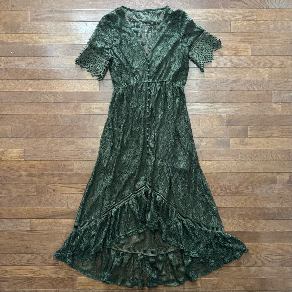 OLIVE green Lace Midi Dress with Button Front